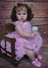 Cargar imagen en el visor de la galería, 24&quot; Poseable Baby Doll Charlotte - Rooted Brown Hair &amp; Sparkling Blue Eyes | Light Pink Sleeveless Dress | Soft Cloth Body
