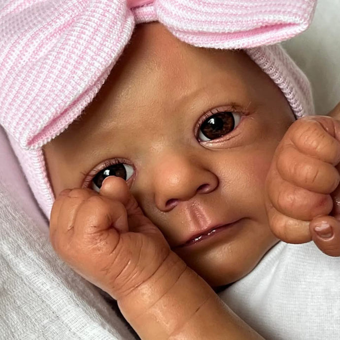 White Halter Romper & Pink Bow Hat Reborn Doll - 19 Inch Dark Skin Cloth Body, Hand Painted HD Hair - Felicia