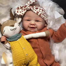 Load image into Gallery viewer, Vivienne 19-Inch Realistic Reborn Baby Doll Rooted Brown Curly Hair, Blue Eyes, Sweet Smile Gift Set For Kids with Outfit, Pacifier &amp; Bottle
