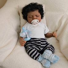 Cargar imagen en el visor de la galería, Pascale 48cm (19&quot;) Dark-Skinned Doll with Rooted Black Curly Hair - White Knit Top + Blue-Grey Striped Pants Outfit, Cloth Body Collector Doll
