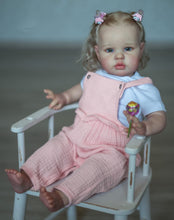 Load image into Gallery viewer, 24inch Reborn Baby Girl Ellie - Blonde Rooted Hair in Pigtails &amp; Blue Eyes, Pink Sheer Overalls with White Onesie, Plush Body &amp; Butterfly Pacifier
