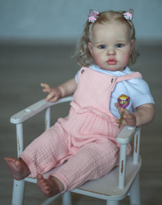 24inch Reborn Baby Girl Ellie - Blonde Rooted Hair in Pigtails & Blue Eyes, Pink Sheer Overalls with White Onesie, Plush Body & Butterfly Pacifier
