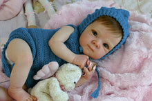 Cargar imagen en el visor de la galería, Bettie 18&quot;  Cloth Body Doll in Sleeveless Blue Knit Sweater &amp; Matching Hat  Rooted Chestnut Brown Hair Glass-Look Blue Eyes Collector Art Doll
