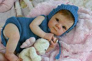 Bettie 18"  Cloth Body Doll in Sleeveless Blue Knit Sweater & Matching Hat  Rooted Chestnut Brown Hair Glass-Look Blue Eyes Collector Art Doll