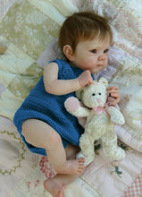 Cargar imagen en el visor de la galería, Bettie 18&quot;  Cloth Body Doll in Sleeveless Blue Knit Sweater &amp; Matching Hat  Rooted Chestnut Brown Hair Glass-Look Blue Eyes Collector Art Doll
