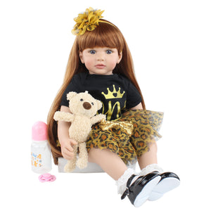 Pinky Reborn 24 Inch Human Hair Wig Baby Dolls Black Skirts Realistic Baby Toy Sets Birthday Surprise Present Box